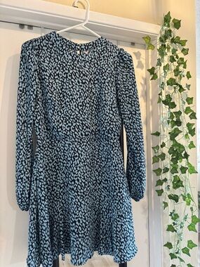 Blue Printed Long-Sleeve Mini Dress
